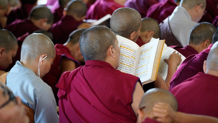 Miembros de la audiencia siguiendo el texto de Chandrakirti «Entrada en el Camino Medio» en el segundo día de la enseñanza de Su Santidad el Dalái Lama en Dharamsala, HP, India el 4 de octubre de 2018. Foto de Ven Tenzin Jamphel